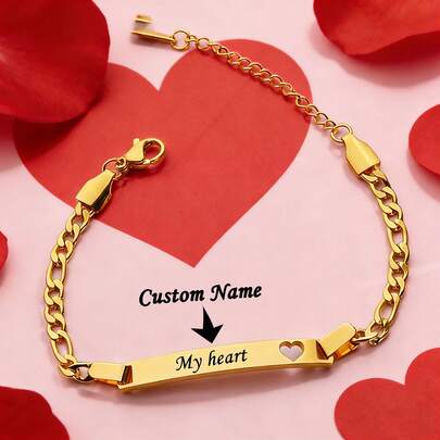 1pc Custom Engraved Stainless Steel Heart Name Bracelet - Personalized Name Valentine's Day Gift For Women, Men And Couples - Elegant Everyday Accessory Or Special Occasion Jewelry
