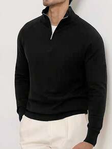 Men's Solid Color Long Sleeve Zip-Up Stand Collar Sweater, Versatile & Commuter-Friendly, Autumn/Winter - Black - View 1