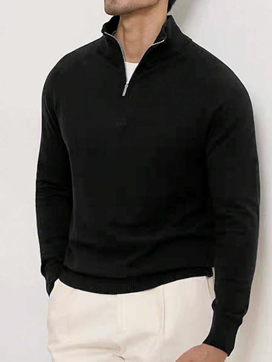 Men's Solid Color Long Sleeve Zip-Up Stand Collar Sweater, Versatile & Commuter-Friendly, Autumn/Winter - Black - View 1