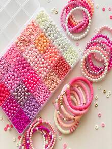 粉色粘土珍珠串珠手链DIY套装，包含米珠和亚克力珠，手工珠宝材料，适合情人节和友谊手链 - 情人粉紅色 - 查看 8