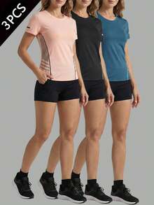 3 áo thun tập luyện nhanh khô dành cho nữ - Áo thể thao ngắn tay co giãn thích hợp cho chạy bộ, yoga, tập thể dục, màu hồng mùa hè. - Hồng - Xem 6