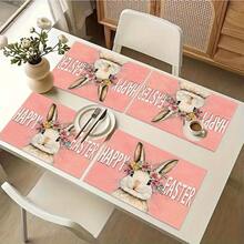 1/4/6 piezas Serie de Pascua, Un conejo con corona de flores rosas y amarillas y patrón de texto artístico blanco impreso en individual/mantel, tela de lino, lavable a mano - Adecuado para mesa de comedor, cocina, fiesta, decoración del hogar, cumpleaños, decoración de boda - Multicolor - Ver 4