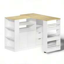 Kitchen Island With Extendable Worktop, 115cm Long Storage Island With Shelves On Three Sides And Two Drawers, Coffee Corner, Extendable Wooden Dining Table, Ideal For Dining Rooms And Home Bars - 白色 - 查看 3