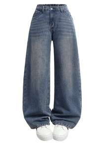 Teen Girl High Waist Straight Loose Casual Jeans - Blue - View 2