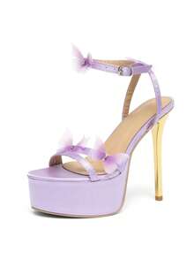 Giày sandal cao gót đế dày, mũi tròn, trang trí hình bướm, đa năng, thanh lịch dành cho nữ, gợi cảm và duyên dáng, chất liệu satin màu tím, hở mũi, hở gót, quai cài, gót siêu cao, phù hợp cho đám cưới, tiệc tùng, hộp đêm, mọi mùa. - Màu Lilac Tím - Xem 6
