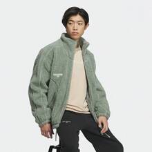 Adidas Lounge Solid Color Logo Patch Windproof Fleece Faux Lamb's Wool Sports Casual Jacket, Unisex Style. - Green - View 2