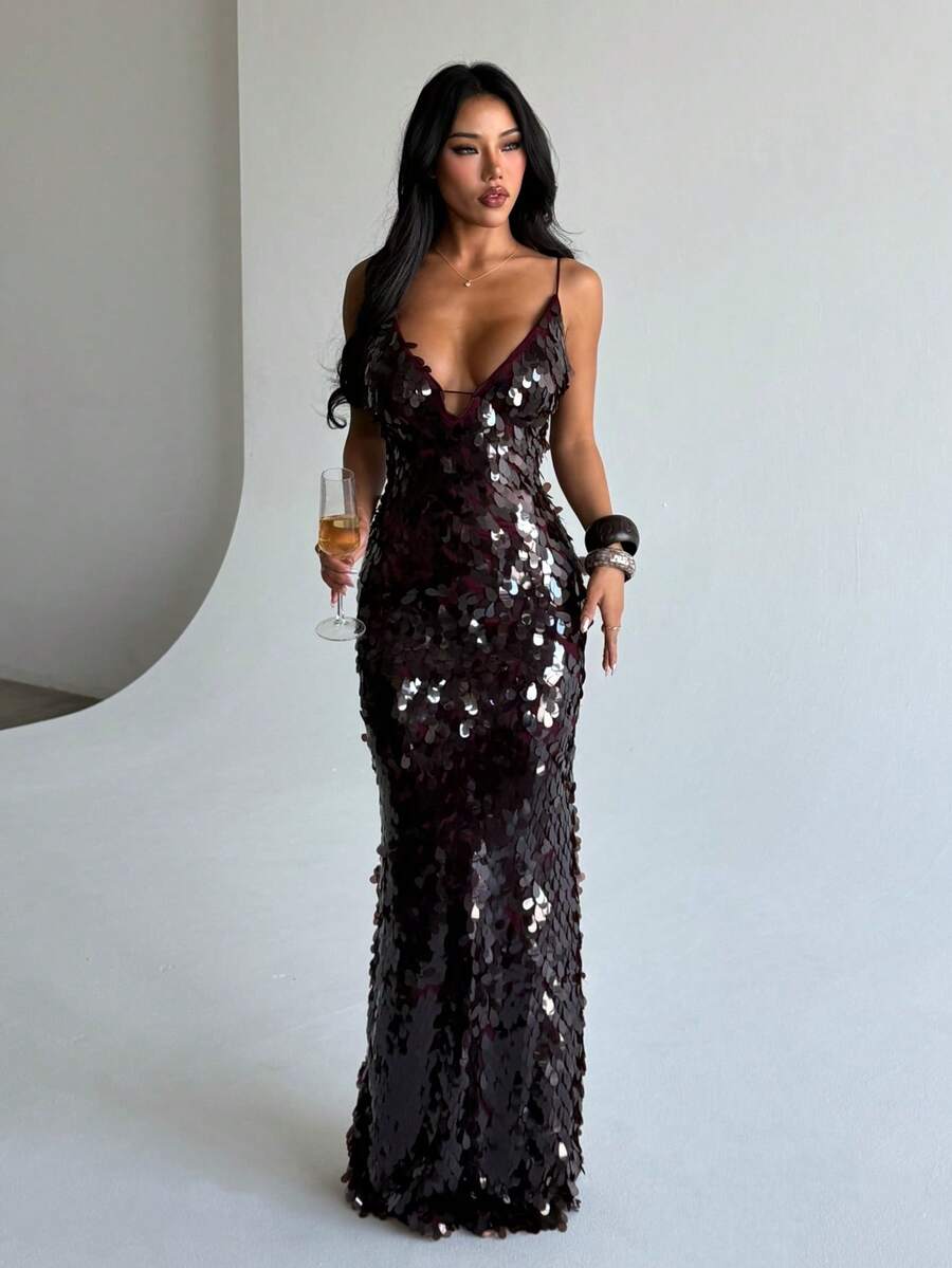 Women's Shiny Sequin Deep V-Neck Spaghetti Strap Mermaid Maxi Dress - Suitable For Galas, Wedding Guests, And Evening Cocktail Parties - Burgundy - View 1