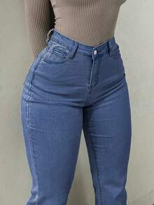 GILIPUR Y2K 高腰喇叭牛仔裤，优雅女士修身弹力牛仔裤，时尚街头风春季休闲装 - 中等水洗藍 - 查看 3