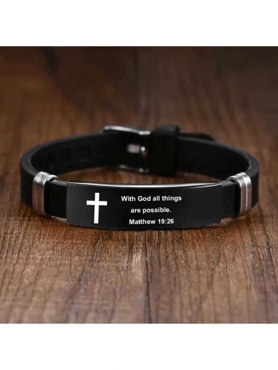 1pc Adjustable Men's Christian Bracelet Stainless Steel Silicone Strap With Cross Charm And Bible Verse Inspirational Religious Jewelry Gift For Husband Father Boyfriend Son - Black - View 1