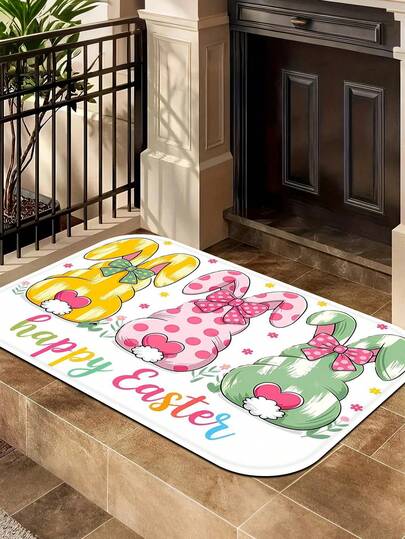 1pc Happy Easter Bow Bunny Egg Doormat, Holiday Polyester Rug, Suitable For Indoor/Outdoor Decor, Kitchen Rug, Holiday Party Supplies, Applicable For Living Room, Dining Table, Kitchen And Bathroom, Non-Slip Bath Mat, With Easter Design, Easter Decoration, Holiday Decor, Daily Decor, Home Decor, Easter Gift, Rectangular Rug