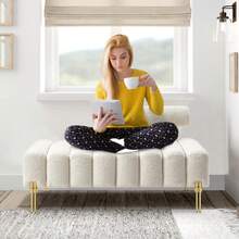 Mikibama 53.2" Width Ottoman Bench, Teddy Upholstered Modern Loveseat Sofa With Metal Legs, Comfy Love Seat Couches With Adjustable Backrest, End Of Bed Bench For Bedroom, Entryway - 米色 - 查看 5