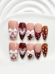Bộ 10 móng giả gel phong cách cô gái ngọt ngào, móng acrylic, nơ hồng, đính đá lấp lánh hình trái tim, decal móng tay chấm bi nhiều màu sắc vẽ tay, sơn móng tay màu be & hồng, quà tặng chất lượng dành cho phụ nữ và bé gái, bao gồm dụng cụ làm móng (1 miếng dán gel + 1 dũa móng), có 3 kích cỡ: vuông, hạnh nhân, vuông ngắn, dụng cụ làm móng thủ công. - Nhiều màu - Xem 3