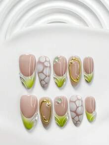 Bộ 10 móng tay gel nghệ thuật hình đa giác quả bơ mới, móng giả acrylic, họa tiết đá vẽ tay và đường kẻ kim loại, trang trí móng hoa 3D màu trắng, màu trơn gợn sóng, sơn móng tay màu xanh gradient, phong cách dịu dàng, quà tặng nghệ thuật làm móng lý tưởng cho phụ nữ và bé gái. Móng giả thủ công. - Nhiều màu - Xem 10