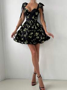 女士柠檬印花性感可爱优雅无袖系带蝴蝶结蛋糕迷你连衣裙半身裙，适合日常外出、约会、通勤、情人节、节日、派对、街拍及各种场合。 - 彩色 - 查看 7