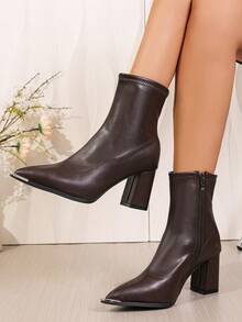 2025秋冬新款时尚尖头棕色粗跟踝靴，法式高端修身侧拉链踝靴，百搭优雅 - 棕色 - 查看 5