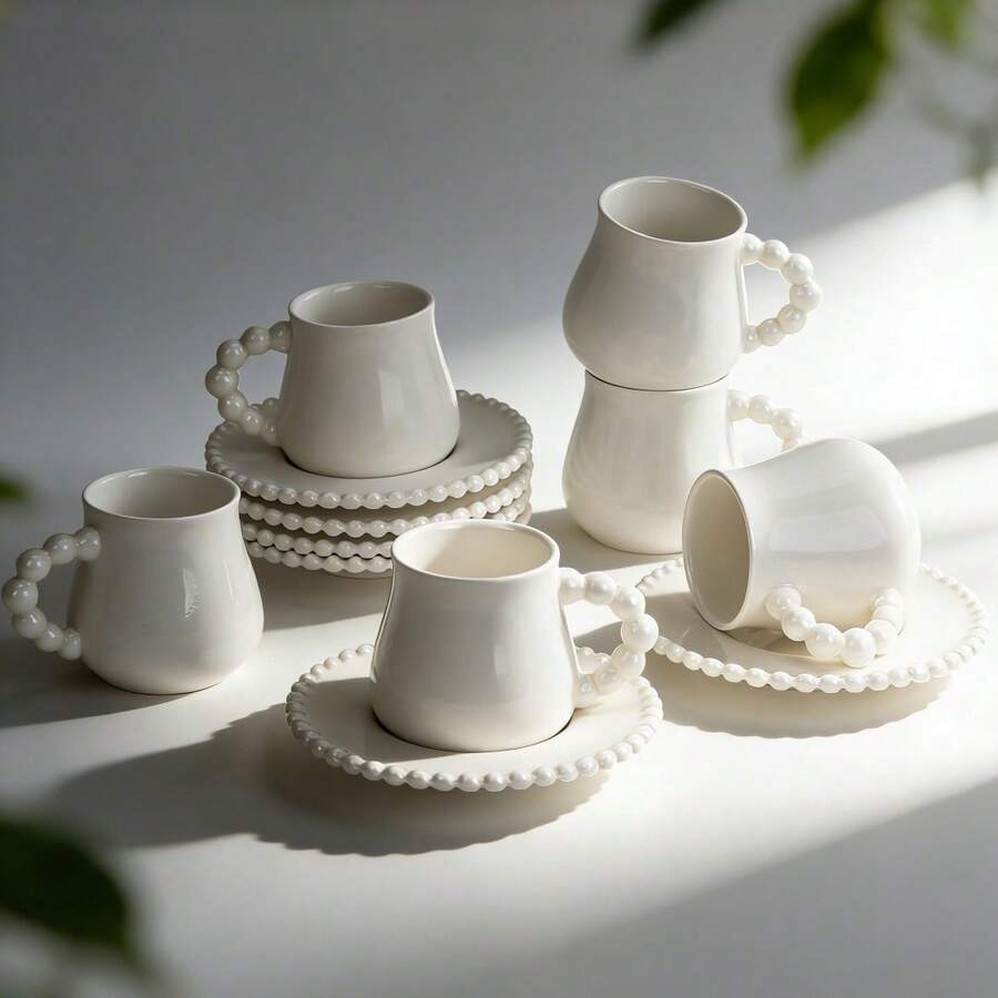 Set Of 6 Elegant White Porcelain Coffee Cups & Saucers, Pearl Beaded Rim, 100ml (3.38 OZ) Espresso Cappuccino Set, Dishwasher Friendly - Perfect For Home Café & Gift Giving - 白色 - 查看 1
