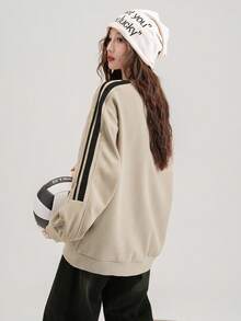 JUTU Spring & Autumn Equestrian Print Khaki & Black Patchwork Women's Graphic Round Neck Sweatshirt, Casual Loose Fit Mid-Length Minimalist Top - 979 Khaki Grey and Black - 1182 Black - View 4