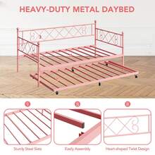Daybed With Trundle, Trundle Bed Twin With Heart-Shaped Headboard, Sturdy Metal Day Bed With Steel Slat Support, Twin Daybed For Living Room, Bedroom And Guest Room, Easy Assembly,Pink - Hồng - Xem 7