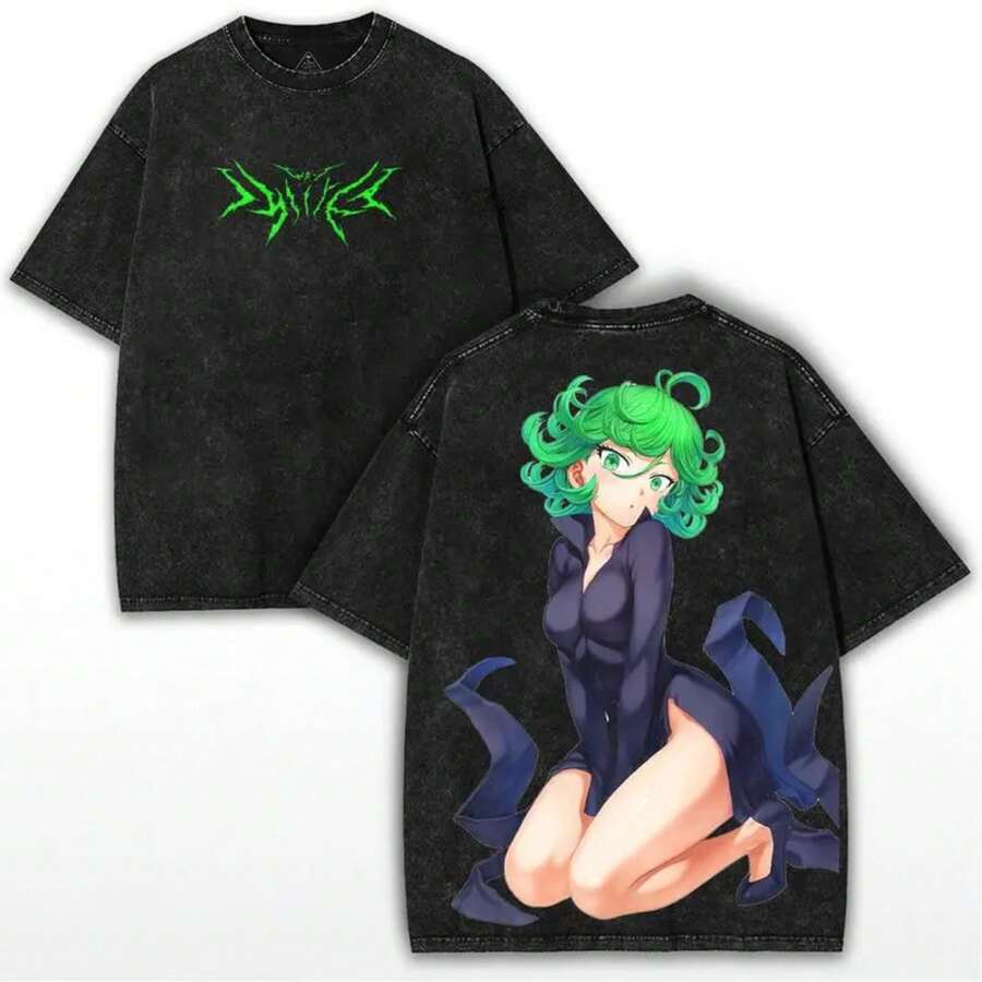 Camiseta Vintage Oversized de Tatsumaki de One Punch Man – Arte de Héroe Psíquico en Algodón Pesado Lavado, Coleccionista de Anime de Doble Cara, Ropa de Calle para Hombres - Negro - Ver 1