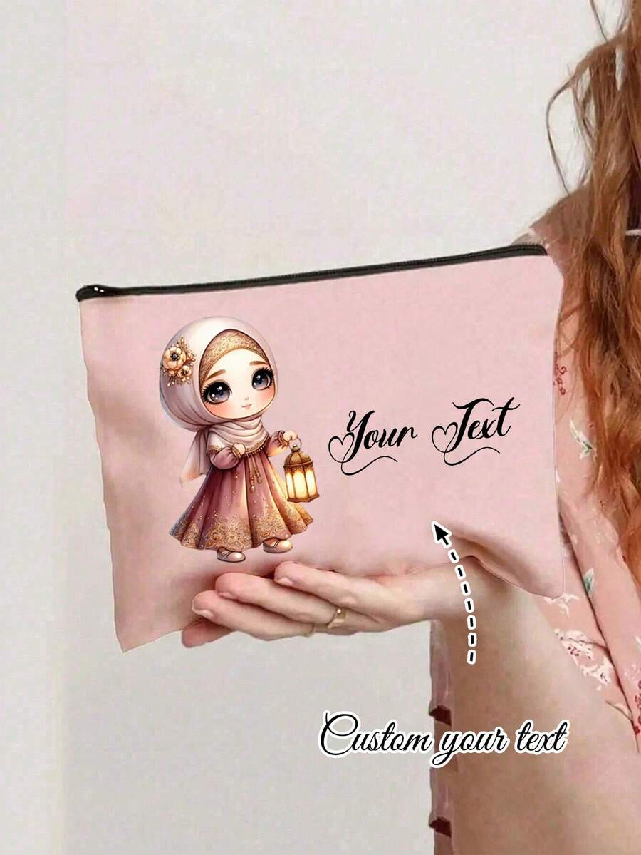 [Cute Makeup Bag] Polyester Makeup Bag | Customizable White Cosmetic Pouch With Cute Girl Print – Spacious, Customized Name Text Polyester Makeup Bag With Double-Sided Cute Girl Print, Zippered Cosmetic Pouch - Multicolor - View 1