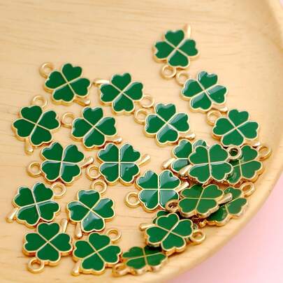 10pcs Gold Plated Green Lucky Enamel Clover Flower Charm For Jewelry Making Necklace Handmade Bracelet Accessories DiY Jewelry Gift
