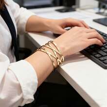 Wide, Braided, Adjustable Women's Bracelet, Plated In 18K Gold Or 925 Silver. - Prata + Ouro - 查看 4