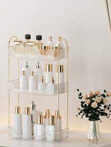 浴室台面收纳架，梳妆台面收纳托盘，浴室台面托盘收纳架，塑料托盘架，可放置香水、化妆品、护肤品（透明白） - 白色 - 查看 8