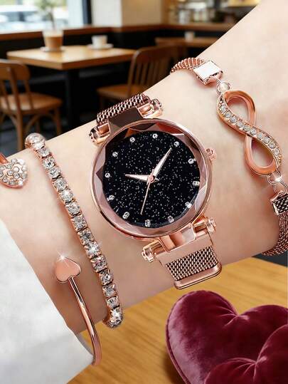 5pcs Elegant And Minimalist Casual Women's Quartz Watch Set With Gold Accessories (Including A Rose Gold Metal Mesh Strap Quartz Watch With A Black Starry Dial And Rhinestone Markers, A Fully Rhinestone Bracelet, A Heart-Shaped Open Bangle, An Infinity Symbol Rhinestone Bracelet, And A Fully Rhinestone Heart Ring).
