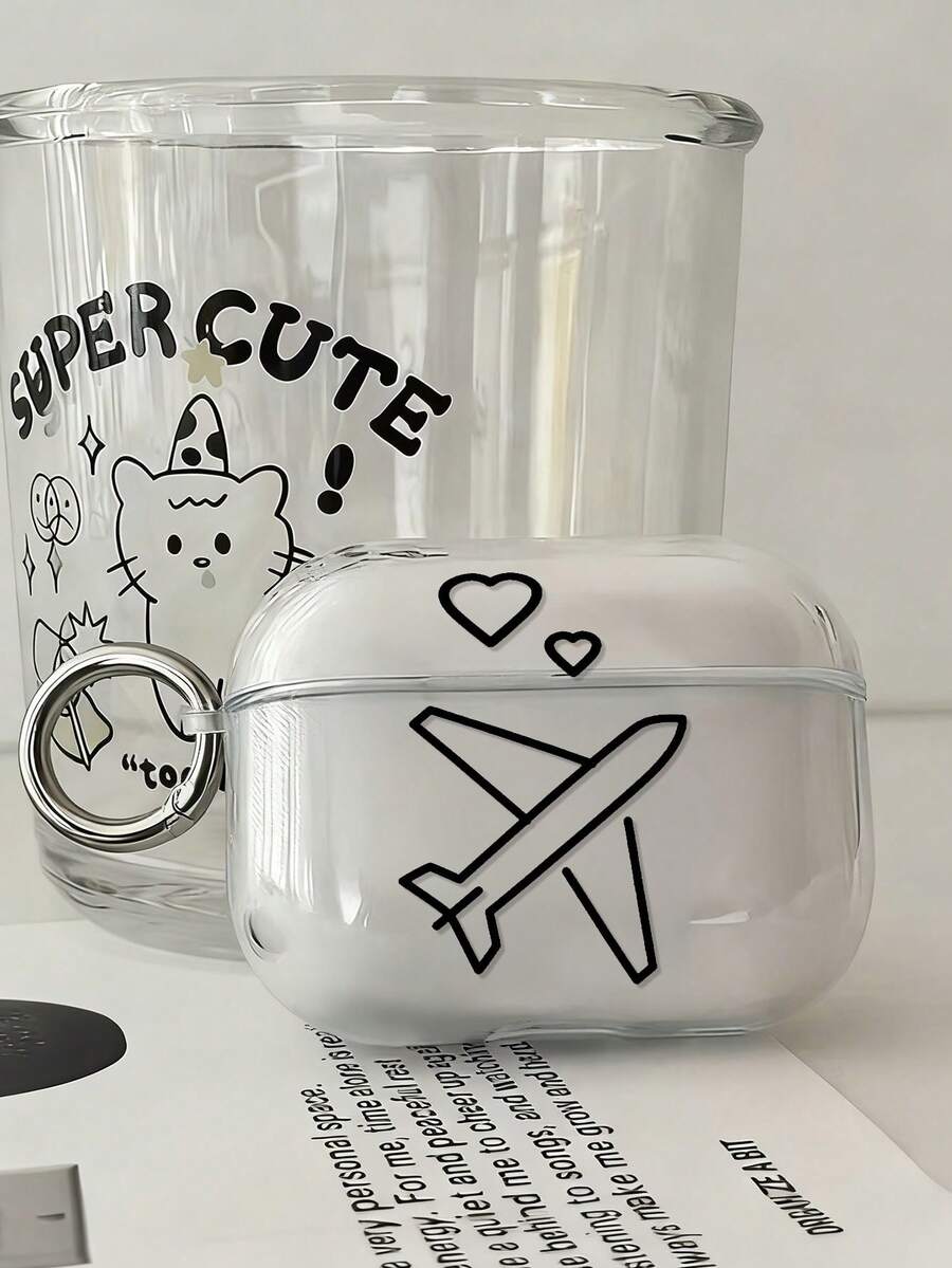 Black Airplane & Heart Painted Protective Case With Button Compatible With Apple 1/2/3/4, Transparent Soft Shell Cover Compatible With Airpods Pro 2nd/3rd/4th Gen Wireless Bluetooth Earphones, Suitable For Women - Multicolor - View 1