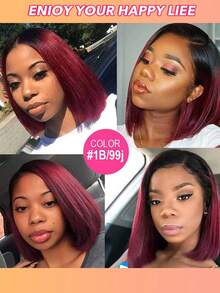 优雅渐变黑红短款波波头假发，女士款，8-14英寸，T字分缝，完美适合日常佩戴和角色扮演，派对假发，彩色直发波波头，可调节绑带 - S1B/99J - 查看 9