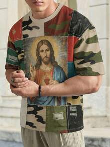 Camiseta de manga corta con estampado de retazos para hombres, camiseta de cuello redondo con estampado de fe en Jesús, cómoda y casual para uso diario - Multicolor - Ver 3