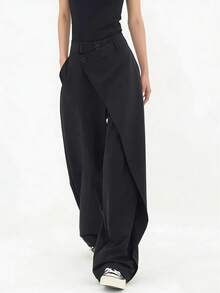 女士阔腿西装裤，宽松黑色长裤，不对称直筒裤，时尚休闲薄款正装裤，适合春夏穿着 - 黑色 - 查看 1