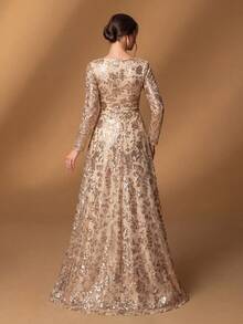 Faeriesty Đầm dáng ôm màu sâm panh thanh lịch, tay dài, cổ chữ V, thêu hoa đính sequin, thiết kế xếp lớp voan mỏng, thích hợp cho tiệc bãi biển, dự đám cưới, tiệc tối trang trọng, dạ hội và các dịp nghỉ lễ mùa xuân khác. - Rượu sâm banh - Xem 3