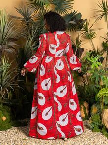 Faeriesty Plus Size Women's Elegant Red Floral Print Dress, With Fashionable Floral Pattern, Lantern Sleeves, Slit Design, Suitable For Elegant Party, Beach Vacation Spring - Red - View 2
