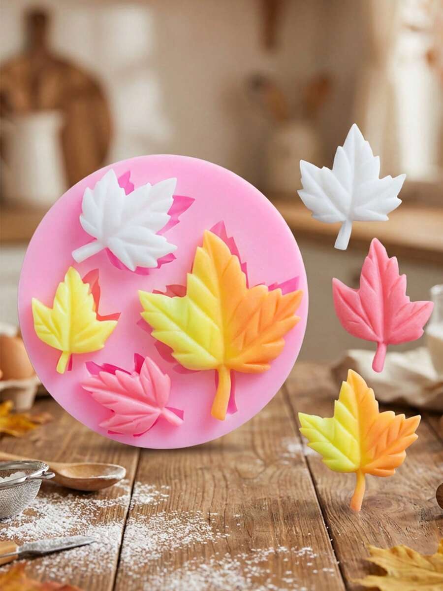 1pc/2pcs 4-Chamber Maple Leaf Chocolate Silicone Mold, Maple Leaf Leaf Mold For Cake Decoration, Maple Leaf Candy Mold, Cupcake Decoration, Polymer Clay, Handmade, Chocolate, Resin - Pink - View 1