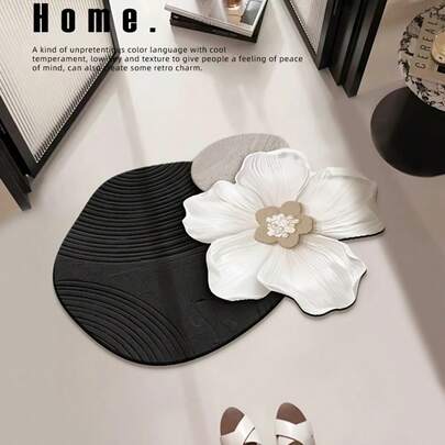 1 pieza Alfombra con patrón de flor blanca a rayas sobre fondo negro, tapete de baño creativo y de moda, adecuado para inodoro, baño, entrada, duradero, fácil de limpiar, elegante decoración del hogar, alfombra, tapete de baño, alfombra de baño, felpudo, alfombrita, alfombra, tapete, decoración del hogar, alfombra de área, tapete de exterior, alfombra de dormitorio, alfombra lavable