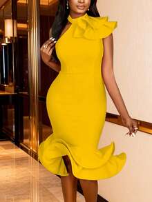 AOMEI Women's Fashionable Summer Yellow One-Shoulder Dress, Asymmetric Ruffle Sleeve Fitted Mermaid Dress, Suitable For Formal Occasions And Cocktail Parties - Mustard Yellow - View 4