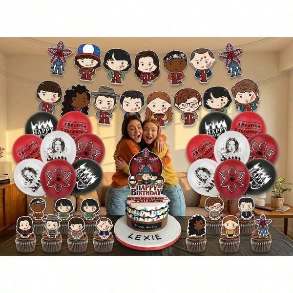 17/16/1pc Str-Anger Things Birthday Party Decor Set - Featuring Iconic Characters On Banner & Balloons, Demogorgon Graphic,Stranger Merchandise Gift,Fans Things ,Perfect For Comic Cons, Fan Meetups, Or Gifting To Anime Lovers,Room Decor,Easy Setup,Hellfire Club,Eleven,Eddie Munson,Dustin Henderson,Vecna,Steve Harrington