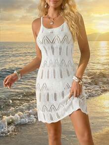女士夏季波西米亚风沙滩度假连衣裙，撞色镂空针织吊带连衣裙 白色 - 白色 - 查看 6