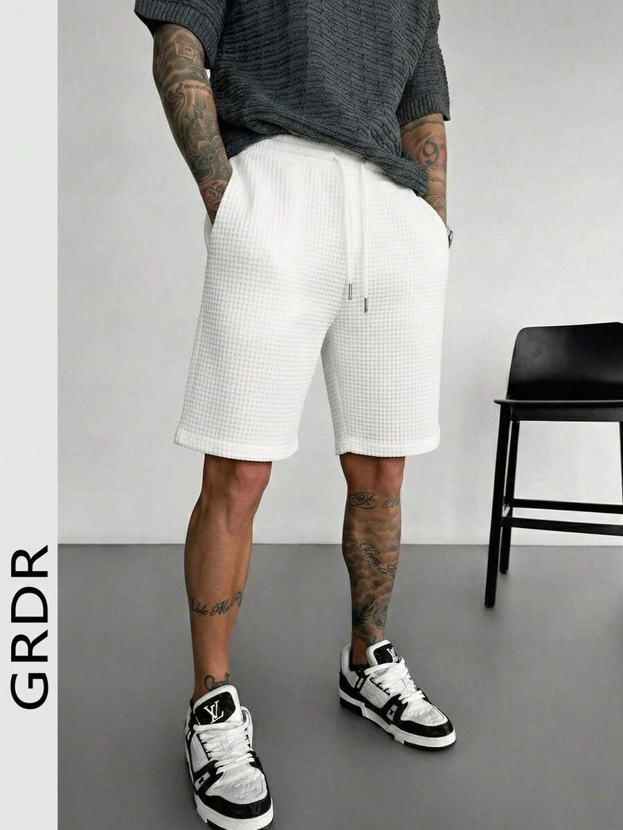 GRDR Pantalones cortos casuales y versátiles de textura de gofre para hombres, primavera/verano - Blanco - Ver 1