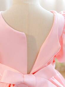 Girls Princess Dress, 3D Embroidered Petal Sleeve Dress, Flower Girl Wedding Party Dress, Baby Pink Birthday Evening Gown, Satin Knee-Length Dress - Pink - View 8