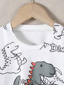 Set de 2 piezas Conjunto informal de ropa exterior para bebés recién nacidos niños, camiseta blanca de cuello redondo con estampado de letra "DINO" de dinosaurio lindo y deportivo, y pantalones cortos verdes de cintura elástica, primavera/verano - Multicolor - Ver 5