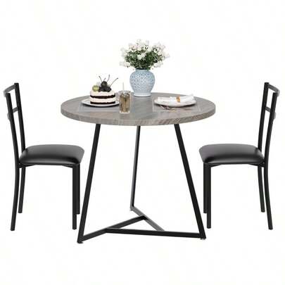 Elegante juego de comedor redondo de MDF con 1 mesa y 2 sillas - Muebles compactos y elegantes de 3 piezas para espacios de comedor acogedores