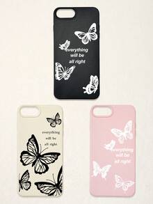 3pcs Butterfly Pattern Phone Cases, Motivational Slogan Positive Energy Phone Cases, Faux Leather Texture Black White Pink Shockproof Protective Covers, Compatible With IPhone & - Multicolor - View 14