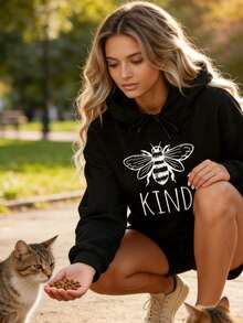 Women's Fashionable Black Hooded Sweater With KIND Bee Pattern Print - Warm Long-Sleeved Pullover, Casual Strap-On Hooded Sports Shirt, Suitable For All Seasons, Casual Pullover Shirt - Black - View 4
