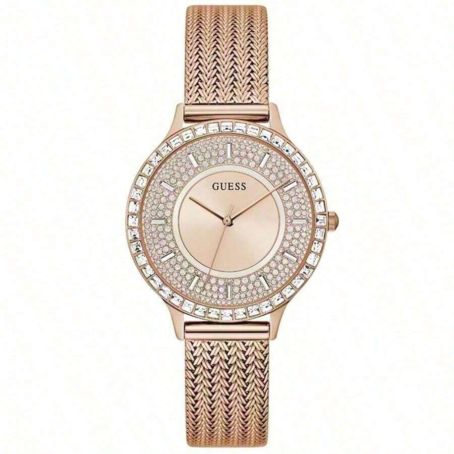 Guess 优雅女士时尚腕表 - 银色表盘不锈钢米兰尼斯表带石英表，镶嵌水晶表圈，休闲日常腕表，时尚礼品之选，轻巧女士腕表，适合办公、周末聚会、节日及日常佩戴 - 玫瑰金 - 查看 1