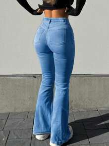 MYOURSA High Waist Flare Jeans, Women's Elastic Boot Cut Pants, Y2K Streetwear Casual Retro Fashion, Blue - Medium Wash - View 2