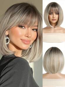 1pc Short Wavy Synthetic Hair Wig With Bangs, Natural Black Color, For Women - Blonde Ombre - View 11