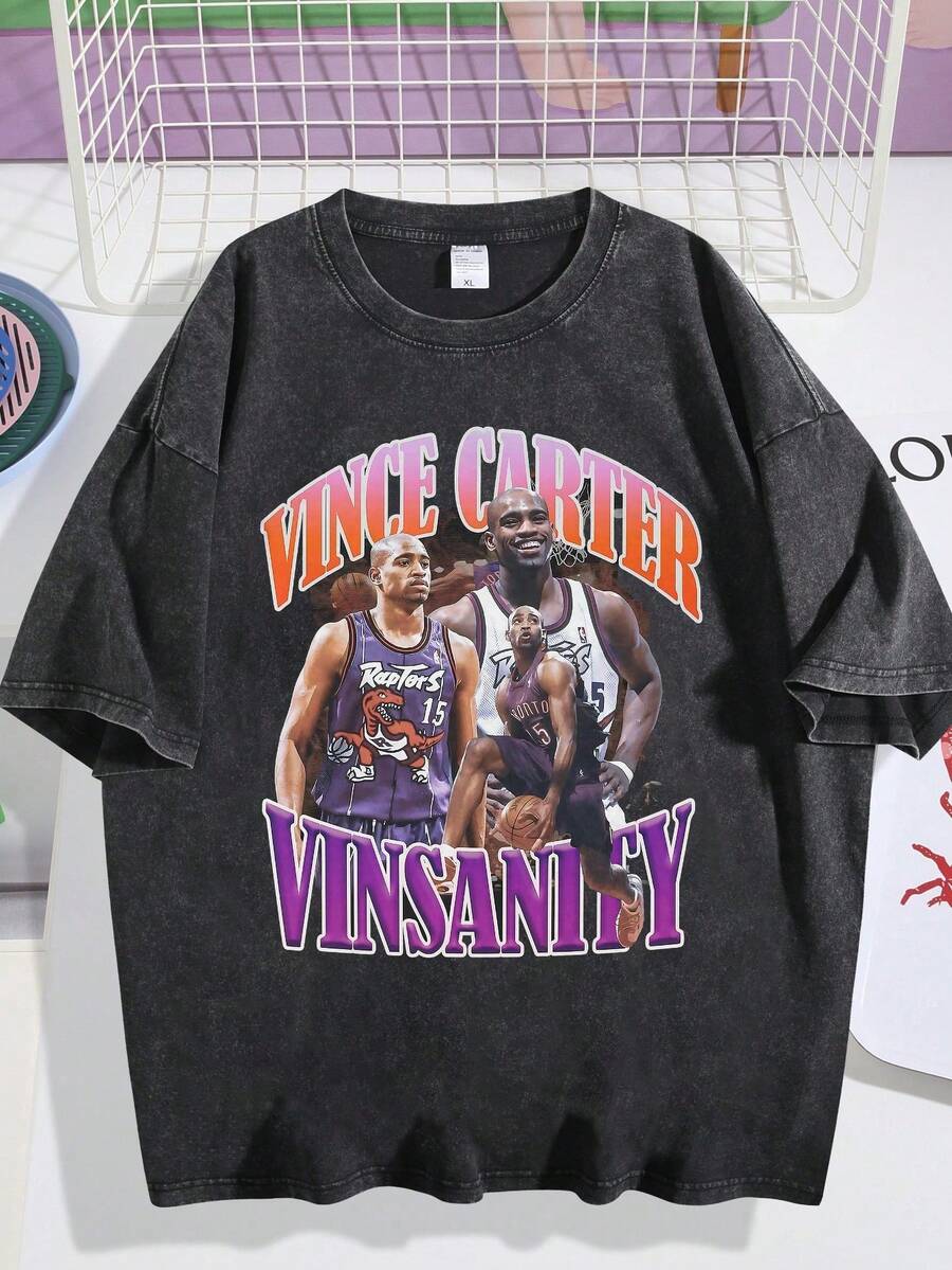 T - Shirt Basketball Star Style Basketball Player Graphic Loose Fit Short Sleeved Top DG004 - 黑色 - 查看 1