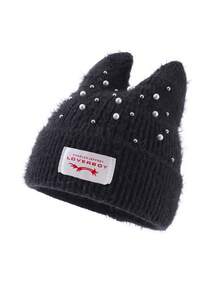 1 pieza Gorro de punto con oreja de gato decorado con emblema "Loverboy" y cristales, adecuado para mantener el calor en otoño/invierno y combinar con atuendos, también para verano y playa - A - Ver 9